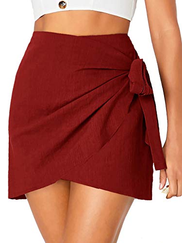 Book Cover WDIRARA Women's Elegant Mid Waist Above Knee Tie Knot Side Overlap Front Wrap Skirt