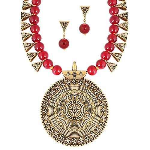 Book Cover MUCH-MORE Indian Oxidized Colored Pearl Beaded Tribal Disk Necklace Set Traditional Jewelry For Women