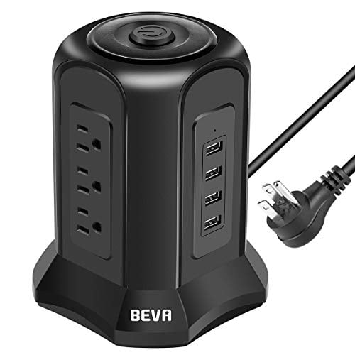 Book Cover BEVA Power Strip Tower with 9 AC-Outlets and 4 USB Charging Ports Switch Control, Surge Protector Desktop Power Strip Charging Station 6 ft Extension Cable for Office and Home, Dorm Room Black