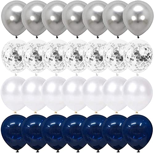 Book Cover Navy Blue and Silver Confetti Balloons 50 pcs, 12 inch White Pearl and Silver Metallic Chrome Party Balloons for 2023 Graduation Party Decorations