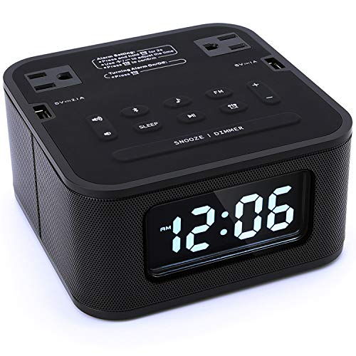 Book Cover Homtime Radio Alarm Clock Charger with 2 Outlets and 2 USB Ports Charging Station/Wireless Bluetooth Speaker/Micro SD/Snooze / 4 Dimmer/Battery Backup/Digital Clock for Bedrooms, Black