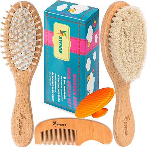 Book Cover Baby Hair Brush Comb Set - Natural Wooden Hairbrush with Soft Goat Bristles for Cradle Cap - Scalp Grooming Massage for Newborns, Toddlers, Kids - Baby Shower and Registry Gift