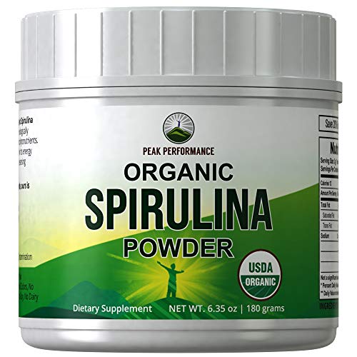 Book Cover Organic Spirulina Powder by Peak Performance. Ecologically Grown Organic Vegan Algae Superfood. Non GMO, Lab Tested, Non Irradiated, Made in USA. Natural Chlorophyll. Powdered Supplement Espirulina