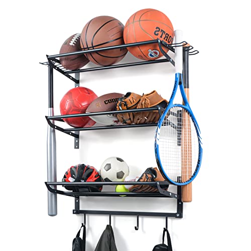 Book Cover XCSOURCE Garage Sports Equipment Storage Rack with 3 Separate Shelf, Ball Rack, Sport Equipment Organizer with 4 Hooks for Badminton Racket, Basketball Rack for Basketball Football Rugby