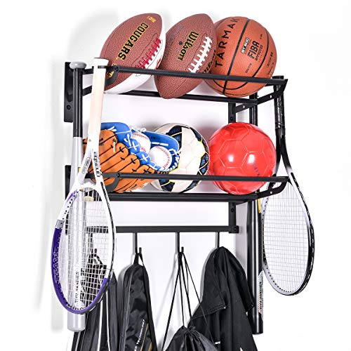 Book Cover Sports Equipment Storage Rack for Baseball/Basketball/Football/Badminton/Golf/Yoga/Exercise Balls - Four Badminton Tennis Hold-2 Separate Storage Rack- Baseball/Softball Bat Rack/Bat Hooks