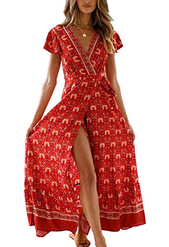 Book Cover PRETTYGARDEN Women's Summer V Neck Wrap Vintage Floral Print Short Sleeve Split Belted Flowy Boho Beach Long Dress (130 Red, Large)
