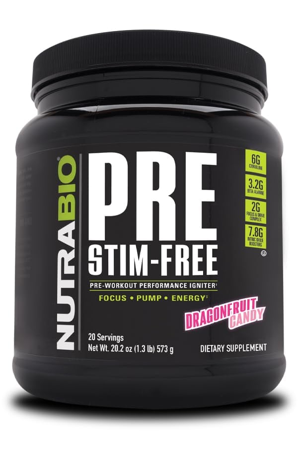 Book Cover NutraBio PRE Stim Free – Caffeine Free Pre Workout Powder - Sustained Energy, Mental Focus, Endurance - Clinically Dosed Formula - Beta Alanine, Creatine - Dragonfruit Candy Dragonfruit Candy 1.0 Servings (Pack of 1)