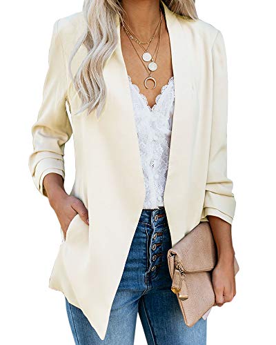 Book Cover Ofenbuy Womens Casual Blazer Ruched 3/4 Sleeve Open Front Relax Fit Office Lightweight Cardigan Jacket Blazers Coats