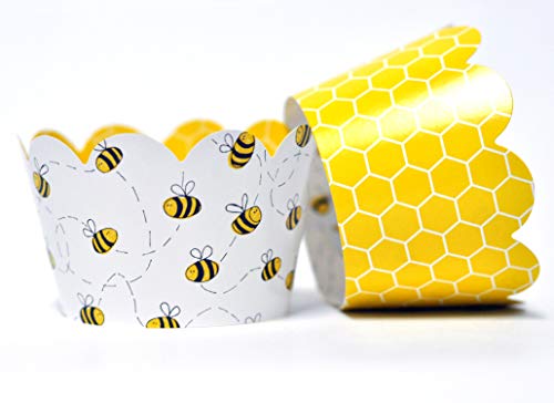 Book Cover Honey Bee Cupcake Wrappers for Gender Reveal, Birthday Parties, Bridal Showers, Baby Showers, or Backyard Summer gatherings. Set of 24 Honey Bee Scalloped Cup Cake Holder Wraps. Yellow, Black