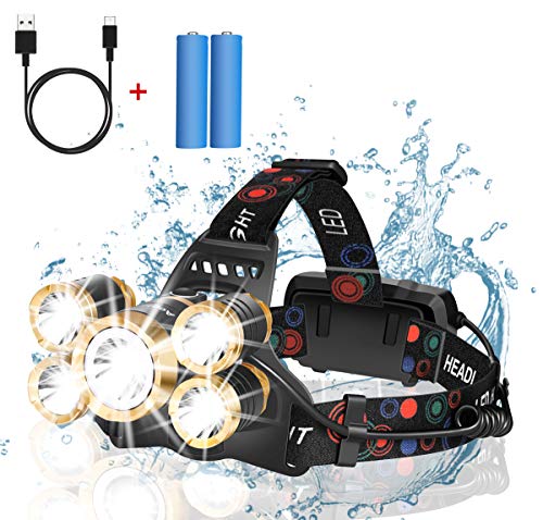 Book Cover Headlamp Rechargeable,12000 Lumen Ultra Bright 5 LED Headlight Flashlight,Brightest USB Rechargeable Headlamps,Waterproof Zoomable Head Lamp 4 Modes Light for Outdoors Camping Hunting Hiking Hard Hat