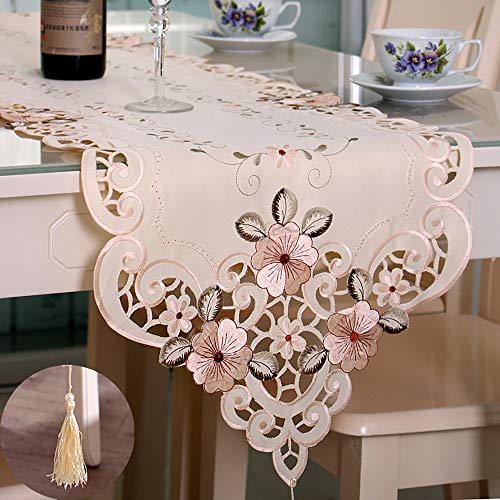 Book Cover Tasera Flowers Embroidered Table Runner, Fashion Contracted Tea Table Cover Polyester Table Linen for Restaurant Kitchen Dining Wedding Party Banquet Events (15.74’’W x 69.29’’L)