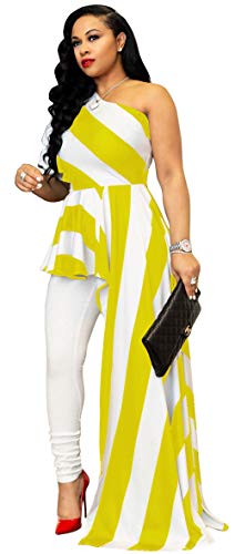 Book Cover Kearia Women Sexy Striped One Shoulder High Low Irregular Tunic Tops Asymmetrical Blouse Shirt Maxi Dress