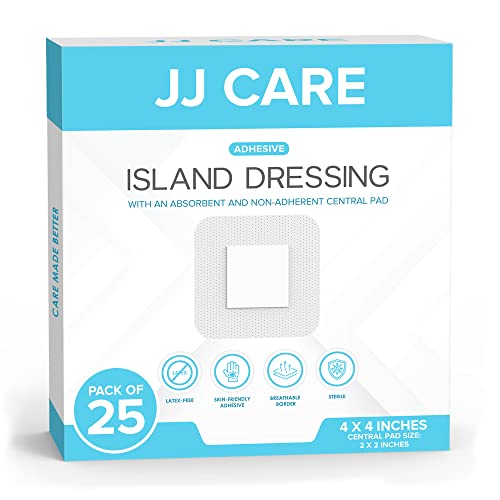 Book Cover JJ CARE Adhesive Island Dressing [Pack of 25], 4x4 Sterile Bordered Gauze, Latex-Free Wound Dressing, Non-Stick Center Pad, Breathable and Highly Absorbent