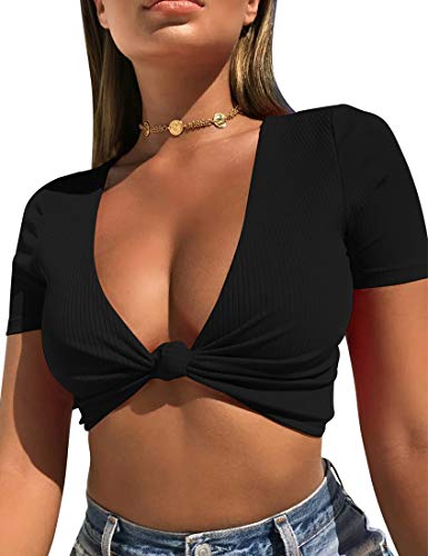 Book Cover Mizoci Women's Sexy Knot Front Crop Top Deep V Neck Short Sleeve Basic Casual T Shirt