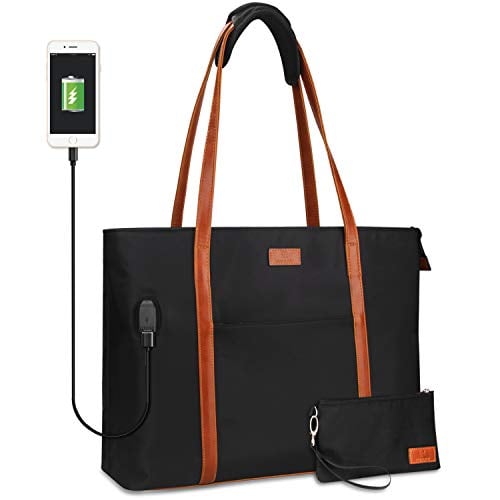 Book Cover Relavel Laptop Tote Bag for Women Teacher Work Tote Bags with Compartments Fits 15.6 inches Laptop Business Computer Briefcase School Bag with with USB Port Purses Office Handbags (Black Brown Strap)
