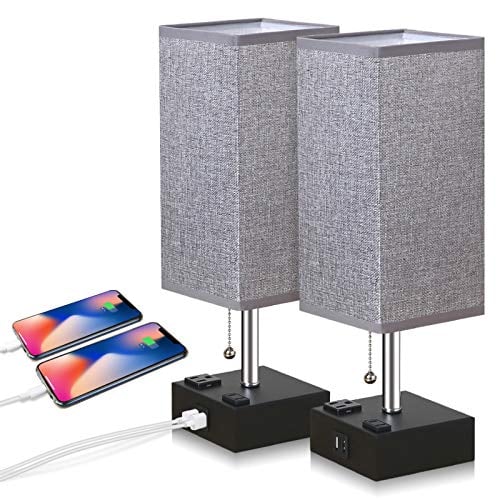 Book Cover ZEEFO Usb Table Lamp, Square Fabric Shade Bedside Table Lamp With Two Ac Outlet & Fast Dual Usb Charging Ports, Modern Design Desk Lamp Ideal For Bedroom,Office,Guest Room, Kids Room Two AC Outlets with Dual USB Charging Ports Table Lamp