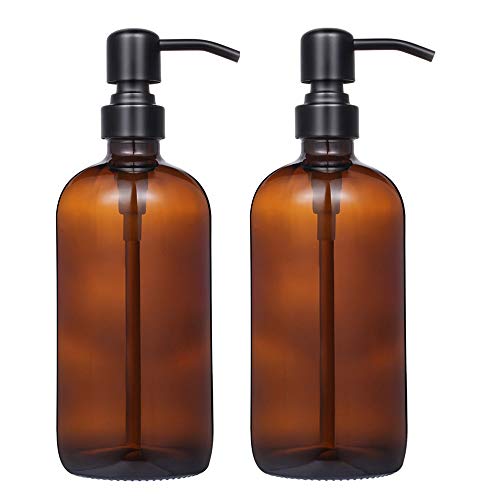 Book Cover 2 Pack Thick Amber Glass Pint Jar Soap Dispenser with Matte Black Stainless Steel Pump, 16ounce Boston Round Bottles Dispenser with Rustproof Pump for Essential Oil, Lotion Soap
