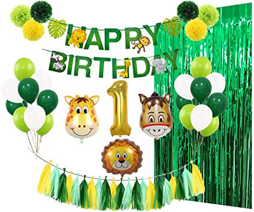 Book Cover 1st Birthday Party Decorations Kit, Wild One Party Supplies with Banner Animal Number 1 Balloons Green Foil Fringe Curtain Tissue Pom Poms Tassel Garland for Boy Girl