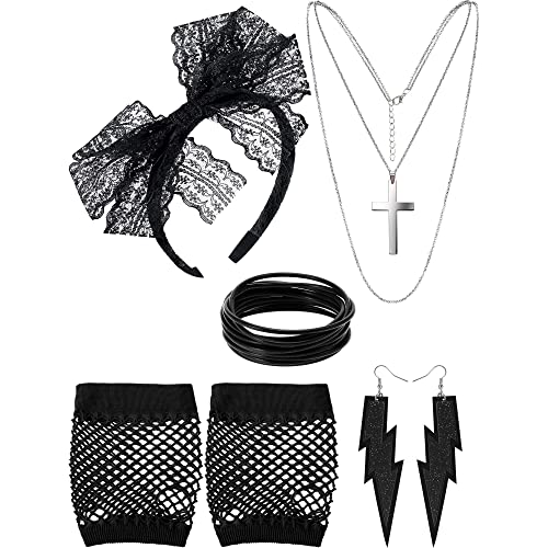 Book Cover 80s Costume Accessories, Fishnet Gloves Lace Headband Earrings Necklace Bracelet (Black, Style A)