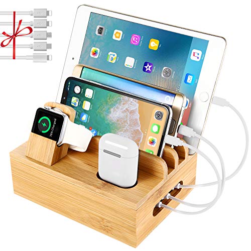 Book Cover Bamboo Charging Station Dock for 4/5 / 6 Ports USB Charger,Desktop Docking Station Organizer for Cellphone,Smart Watch,Tablet(5 Charging Cables Included,No Power Supply)
