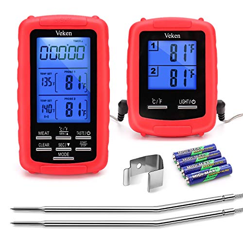 Book Cover Veken Wireless Digital BBQ Meat Thermometer, Remote Cooking Food Grill Thermometer with Dual Probes for Grilling, Upgraded Oven Smoker Thermometer Kitchen Tools, Battery Included (230 Feet), Red