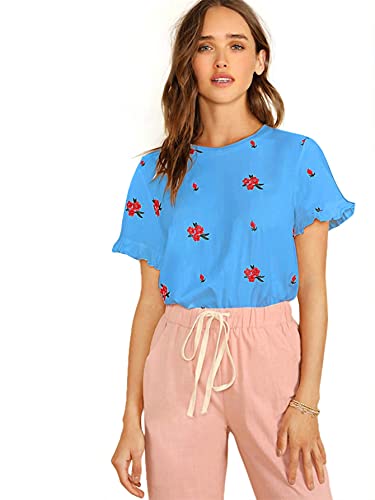 Book Cover Romwe Women's Floral Short Sleeve Ruffle Embroidery Summer Blouse Top
