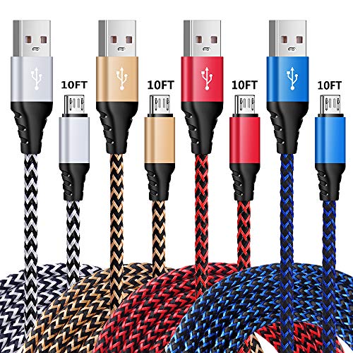 Book Cover Micro USB Cable, 10ft Samsung High Speed Charger Cable, Ailkin 4 Pack USB Male to Micro B Charging Cord, Compatible for Samsung S7 S6 Edge J7 HTC One M9, M9+ Sony Moto and More Android Devices