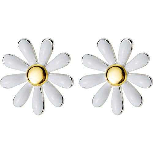 Book Cover Flower Earring Stud, Mariafashion Sterling Silver Two-Tone White Daisy Flower Earrings Hypoallergenic Post Earrings for Women Girls Kids