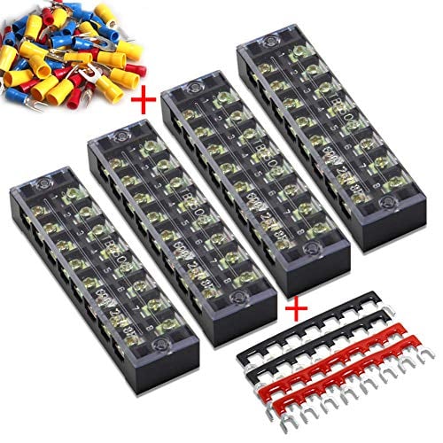 Book Cover MILAPEAK Terminal Block and Strip - 4pcs 8 Positions 600V 25A Dual Row Screw Terminals Strip with Cover + 4pcs Pre-Insulated Barrier Jumper Strips Black & Red + Insulated Fork Wire Connectors