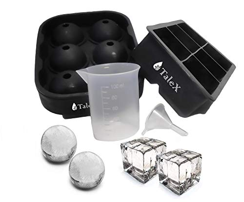 Book Cover Talex Silicone Ice Cube Trays And a Sphere Ice Maker With Lid. The Big Ice Cube Mold With Measuring Cup & Funnel, Best for Whiskey, Cocktail, Liquor, etc.(2pc/pack)