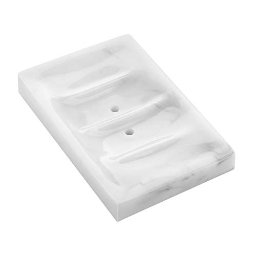Book Cover Luxspire Soap Dish Tray Self Draining, Marble Look Resin Soap Holder, Soap Bar Holder Soap Plate Container for Bathroom Vanity Shower Bathtub Kitchen Sink Soap Tray for Sponges Hand Soap, Ink White