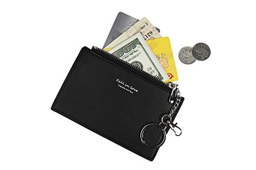 Book Cover Small Wallets for Women Slim Leather Card Case Holder Cute Coin Purse with Keychains ID Window (A-Black)