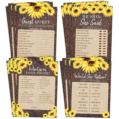 Book Cover Your Main Event Prints Sunflower Bridal Shower Bachelorette Games, He Said She Said, Find The Guest Quest, Would She Rather, Phone Game, 25 Games Each