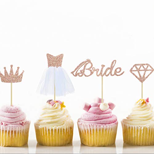 Book Cover 32 Rose Gold Glitter Bride To Be Cupcake Toppers with Diamond,Crown,Bride,3D Tulle Dress Cupcake Toppers for Bridal Shower Supplies, Wedding Engagement, Bachelorette Party Decorations