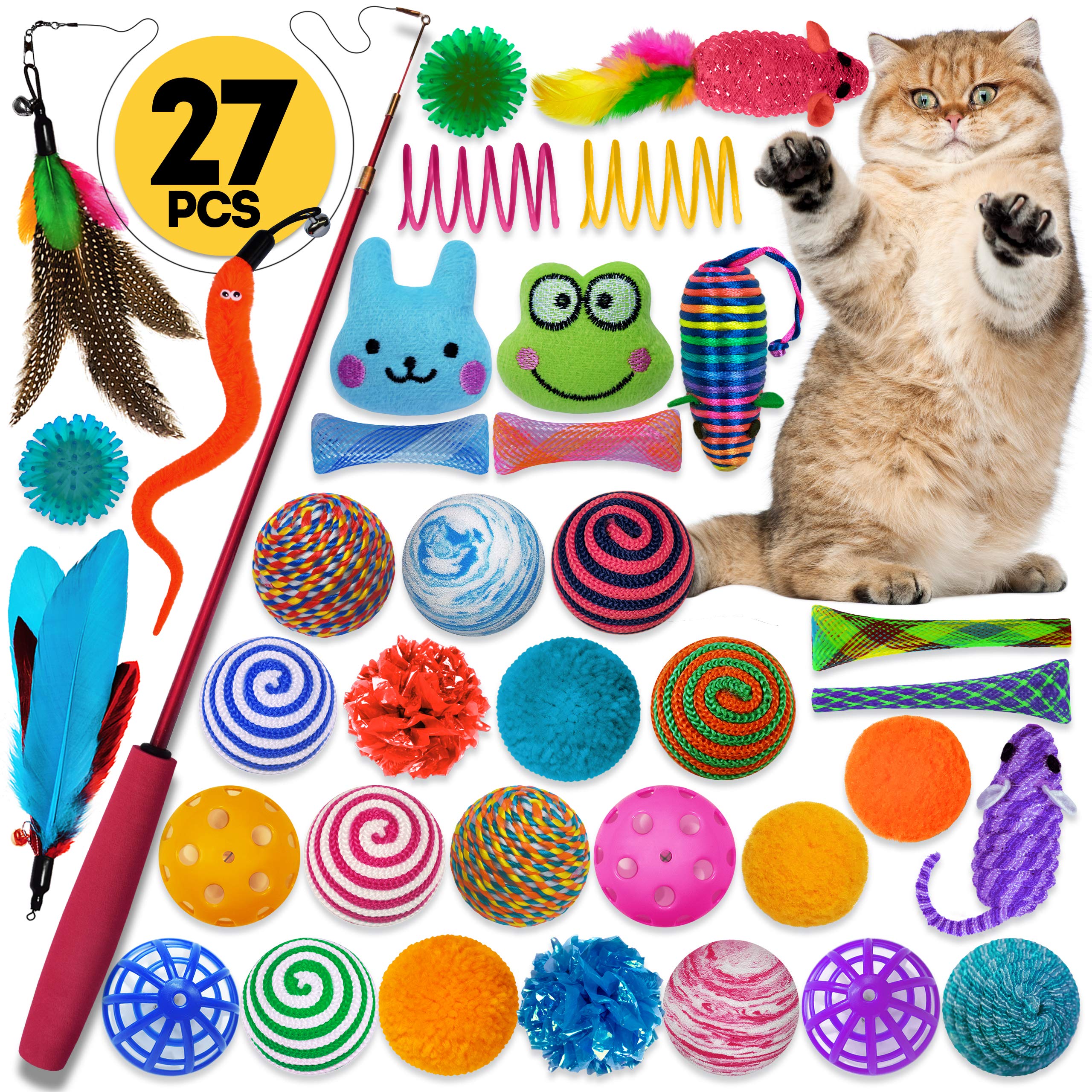 Book Cover XGATML CHDENUO Cowfish Cat Toys Kitten Toys Assortments, 27PCS Variety Toy Set Including Cat Feather Teaser Wand, Feather Toys, Mice, Catnip Toys, Colorful Balls, Bells for Cat, Kitty, Kitten