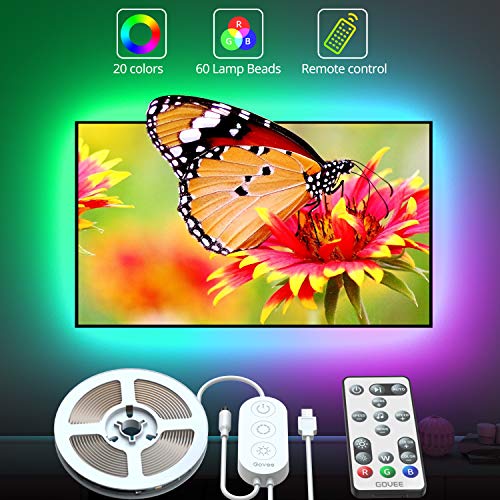 Book Cover LED TV Backlights with Remote, Govee RGB LED Strip Lights USB Powered, 6.56ft Music Sync Lights for 40-60inch TV, 5050 LEDs, 20 Colors Changing Lights, 3M Tape and 5 Support Clips Included