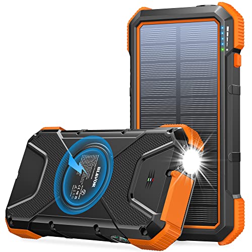 Book Cover BLAVOR Solar Power Bank, PD 18W QC3.0 Fast Charging Qi 10W Wireless Charger 20000mAh Solar Powered Powerbank with Type C Input/Output, IPX5 Waterproof, Camping Flashlight, Compass, Carabiner(Orange)