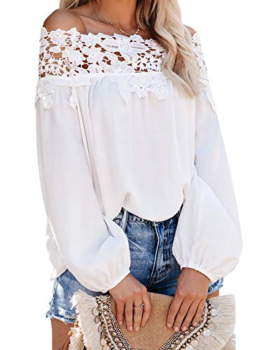 Book Cover Asvivid Womens Swiss Polka Printed Smocked Off The Shoulder Tops Summer Flared Bell Sleeve Chiffon Blouses T-Shirt