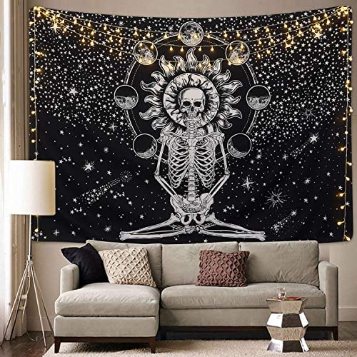Book Cover Sevenstars Skull Tapestry Meditation Skeleton Tapestry Chakra Tapestry Starry Tapestry Black and White Stars Tapestry for Room