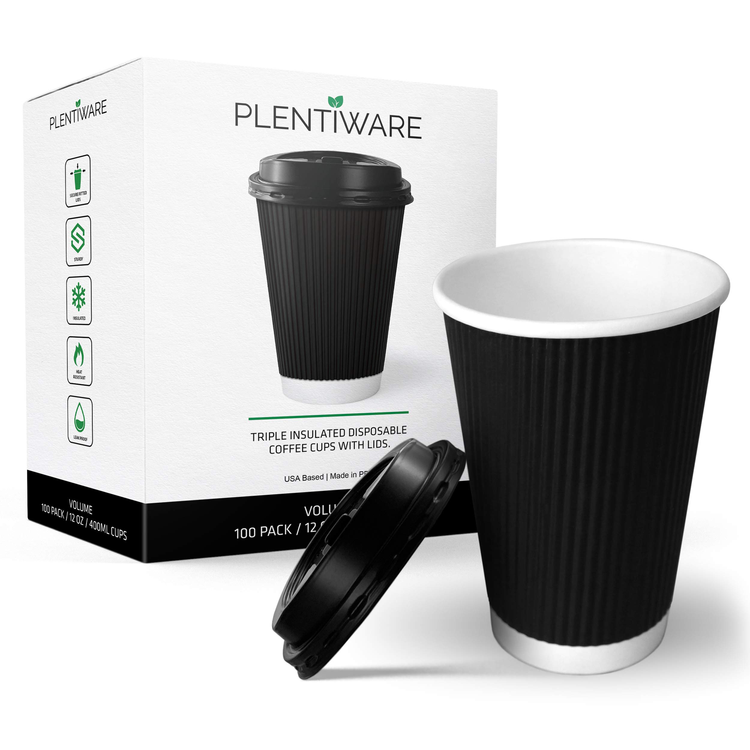 Book Cover Coffee Cups with Lids | Disposable Insulated To Go Paper Coffee Cups for hot beverages | 12 oz perfect for cafe and bulk | 100 Pack – Black by Plentiware