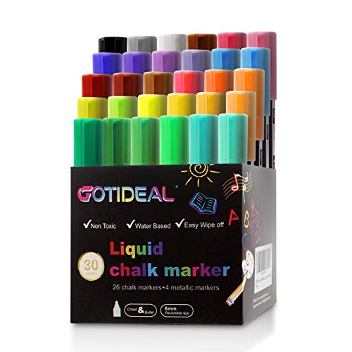 Book Cover GOTIDEAL Liquid Chalk Markers, 30 colors Premium Window Chalkboard Neon Pens, Including 4 Metallic Colors, Painting and Drawing for Kids and Adults, Bistro & Restaurant, Wet Erase - Reversible Tip