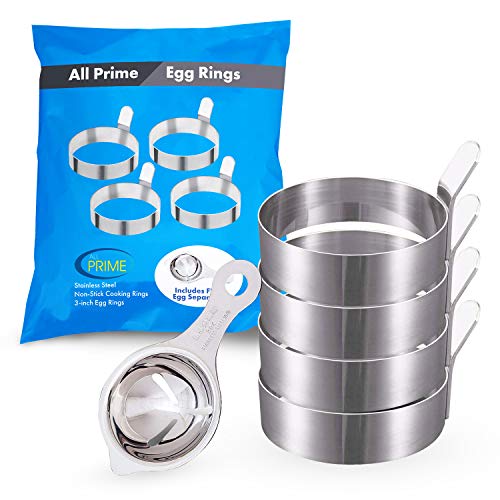 Book Cover All Prime Stainless Steel Egg Rings 4 Pack - Includes Free Egg Separator ($7 Value)- Stainless Steel Egg Shaper - Non-Stick Cooking Rings - Four Pack of 3-inch Egg Rings - Egg Rings for Frying Eggs