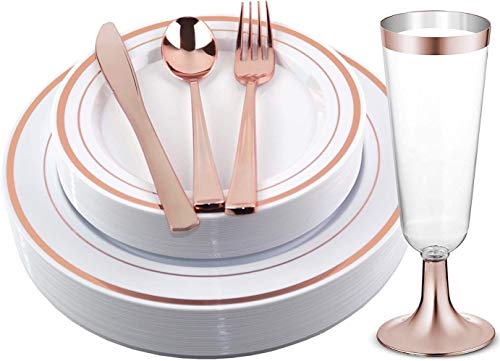 Book Cover Facciamo Festa Rose Gold Plastic Plates with Cups and Cutlery Supplies 150 Pcs | Heavy Duty and Disposable Silverware for Birthday Party, Wedding, Reception, Christmas, Thanksgiving and Other Parties