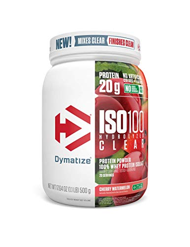 Book Cover Dymatize ISO 100 Hydrolyzed Clear Protein Powder, Clear 100% Whey Protein Isolate, Keto Friendly, Clear Easy Mixing While Being Light & Refreshing, Cherry Watermelon, 1.1 lbs