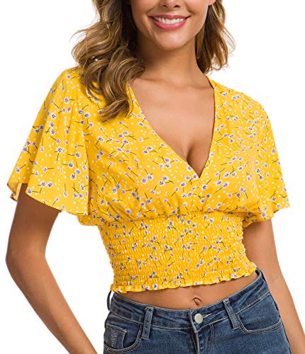 Book Cover ACONIYA Womens Sexy Deep V Neck Short Sleeve Spring/Summer Casual Solid/Floral Print Blouse Unique Slim fit Shirt Crop Tops