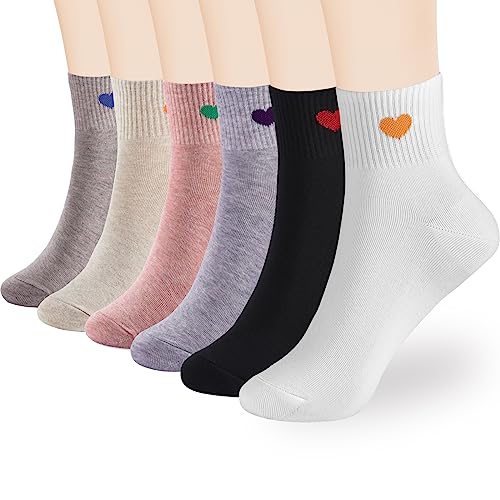 Book Cover inhees Women Thin Cotton Socks, Soft Cotton Ankle Crew socks 6-Pairs Cute Fun Heart Novelty Socks (packed a gift box)