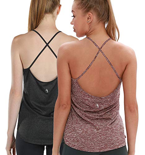 Book Cover icyzone Workout Tank Tops for Women - Athletic Yoga Tops Open Back Strappy Running Shirts (Pack of 2)