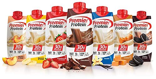 Book Cover Premier Protein High Protein Shakes Variety Pack (Chocolate, Vanilla, Strawberry & Cream, Bananas & Cream, Caramel, Peaches & Cream, Cookies & Cream - 11 fl. oz, 7 pack)