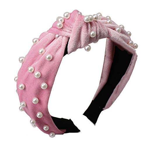 Book Cover lightclub Vintage Twisted Faux Pearl Tie Beading Women Wide Hair Hoop Velvet Headband Headwear Hairband Light Pink