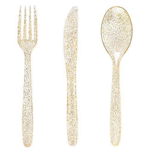 Book Cover WDF 360 Gold Plastic Silverware- Disposable Gold Glitter Plastic Cutlery - Plastic Flatware inluding: 120 Gold Forks, 120 Gold Spoons, 120 Gold Knives